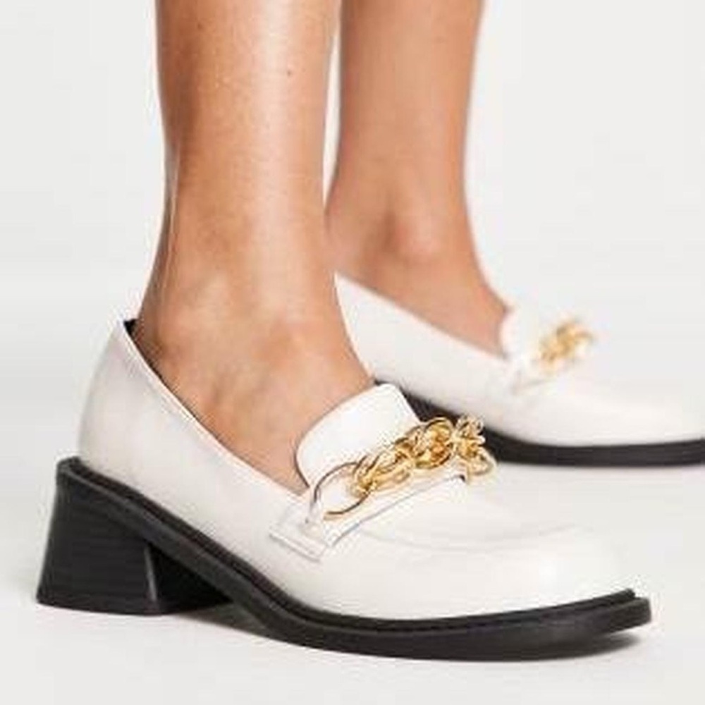 ASOS Design Sergio Mid Heeled White Loafers with Gold Chain Detail